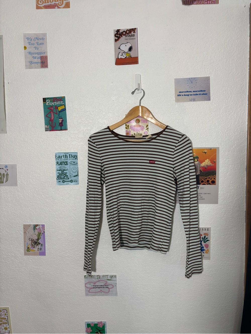 Levi's Women's Brown and Blue Striped Crewneck Long Sleeve Top